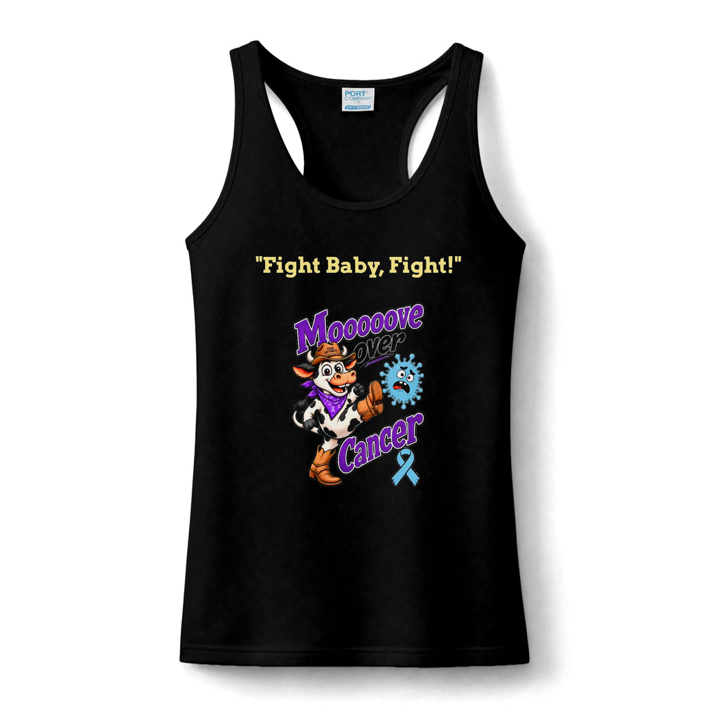 Black Moooove Over Cancer performance tank top with Fight Baby Fight slogan and Prostate Cancer awareness ribbon