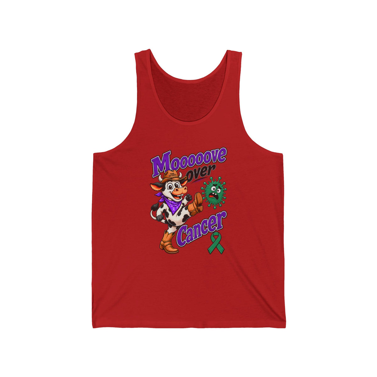 Moooove Over Cancer red tank top with Liver Cancer awareness ribbon artwork