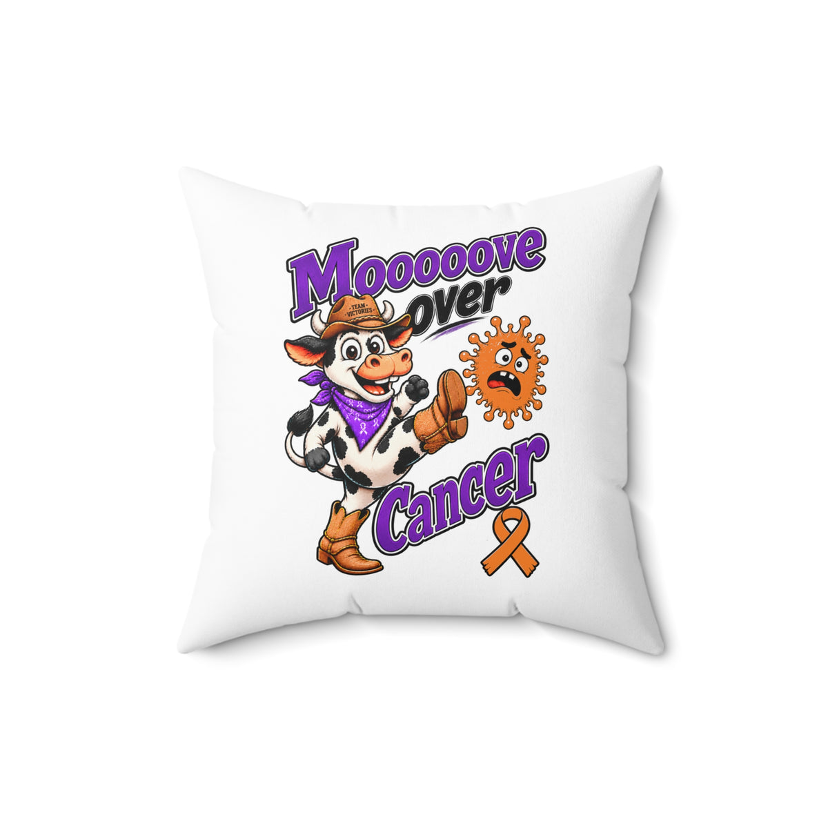 Front view of Moooove Over Cancer Team Victories throw pillow with colorful cow design