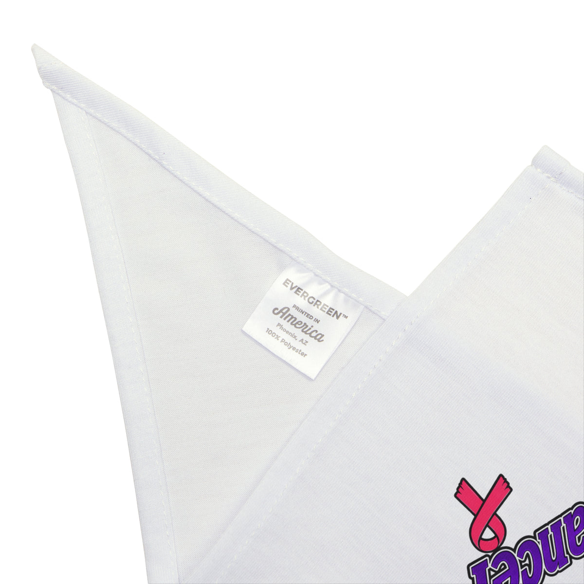 Close-up of pet bandana stitching and Breast Cancer awareness ribbon artwork