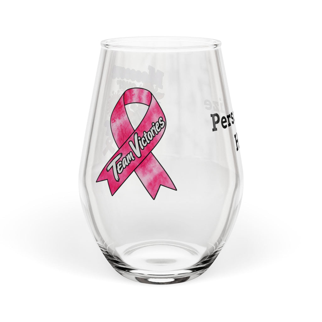 Moooove Over Cancer stemless wine glass with Team Victories pink ribbon
