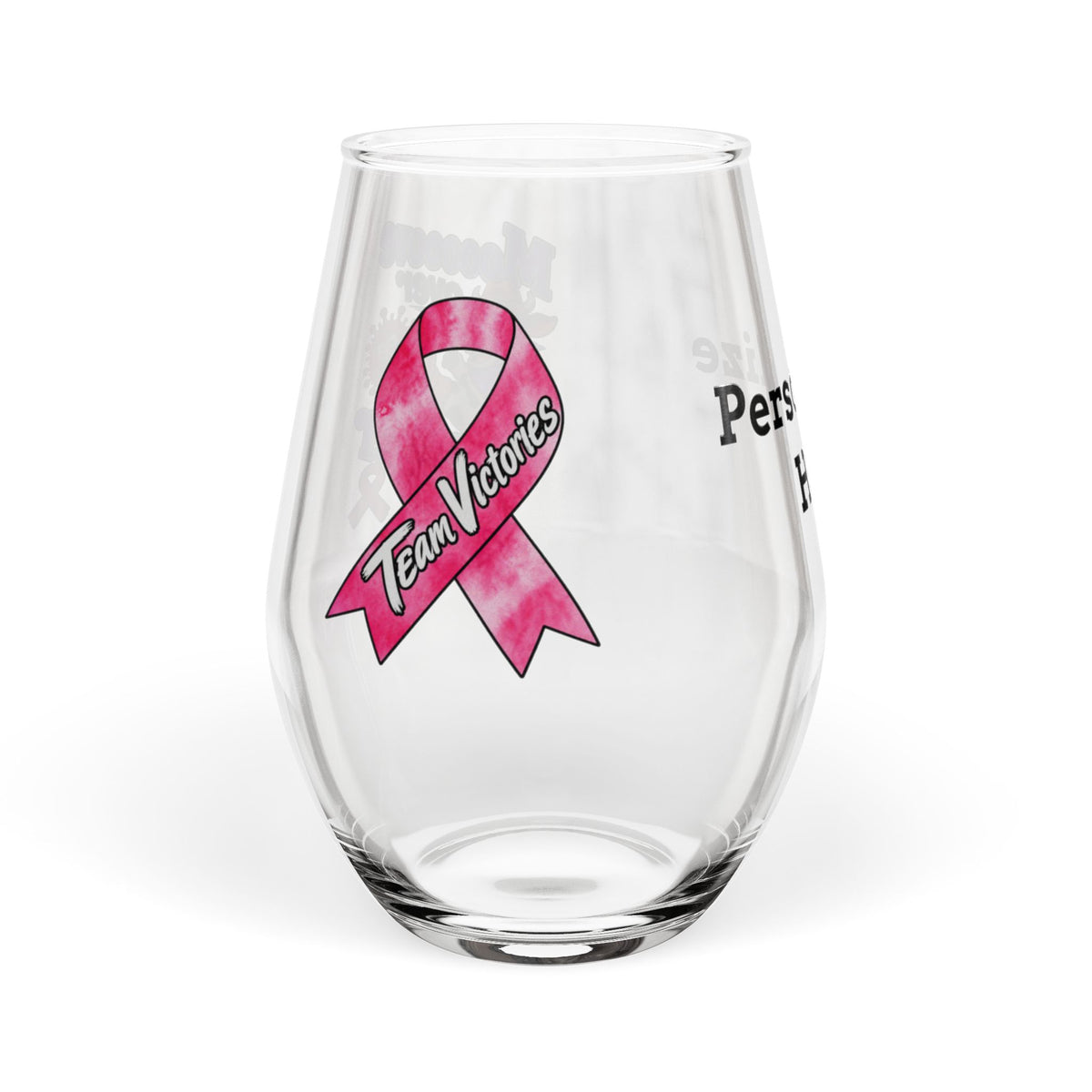 Moooove Over Cancer stemless wine glass with Team Victories pink ribbon