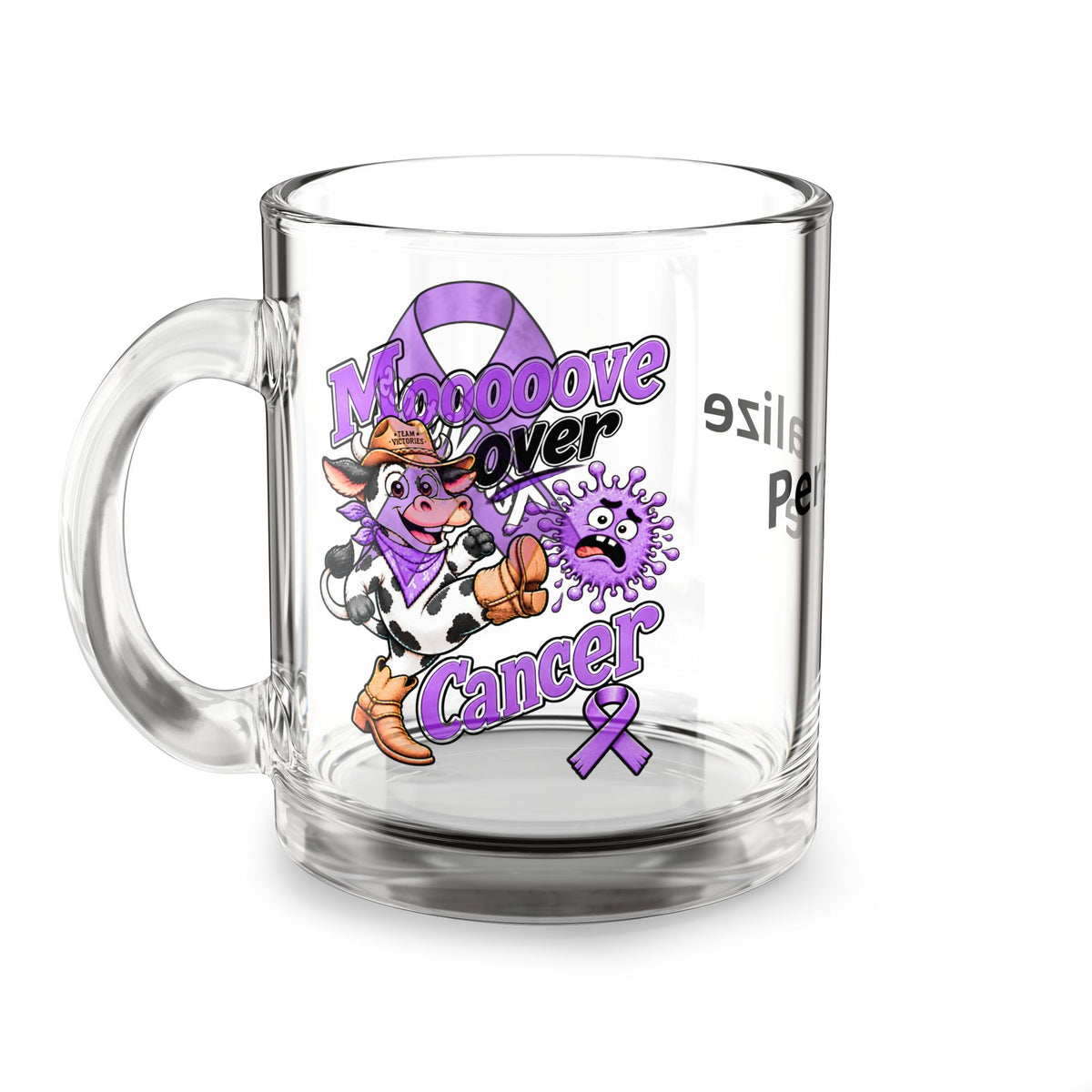Moooove Over Cancer 10 oz glass mug with cow artwork and purple ribbon design