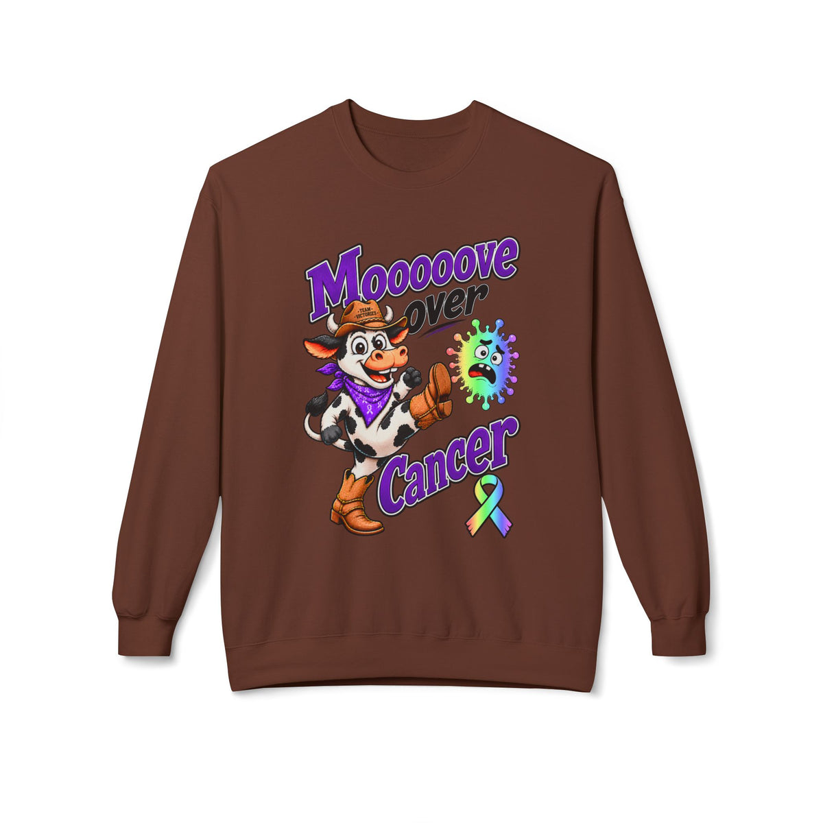 Man wearing the Moooove Over Cancer sweatshirt with an all-cancer awareness ribbon