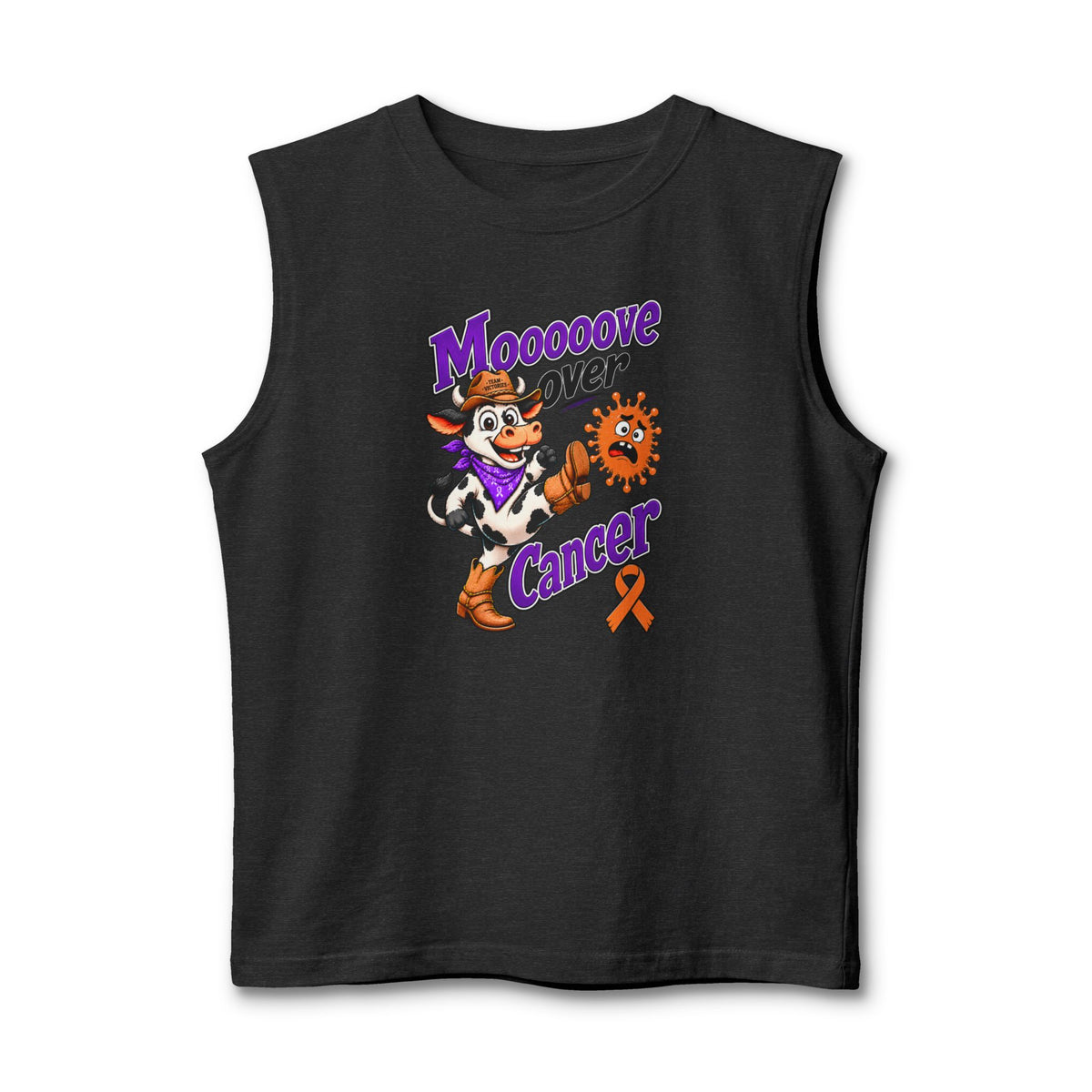Dark gray Moooove Over Cancer tank top with Leukemia/Kidney Cancer awareness ribbon
