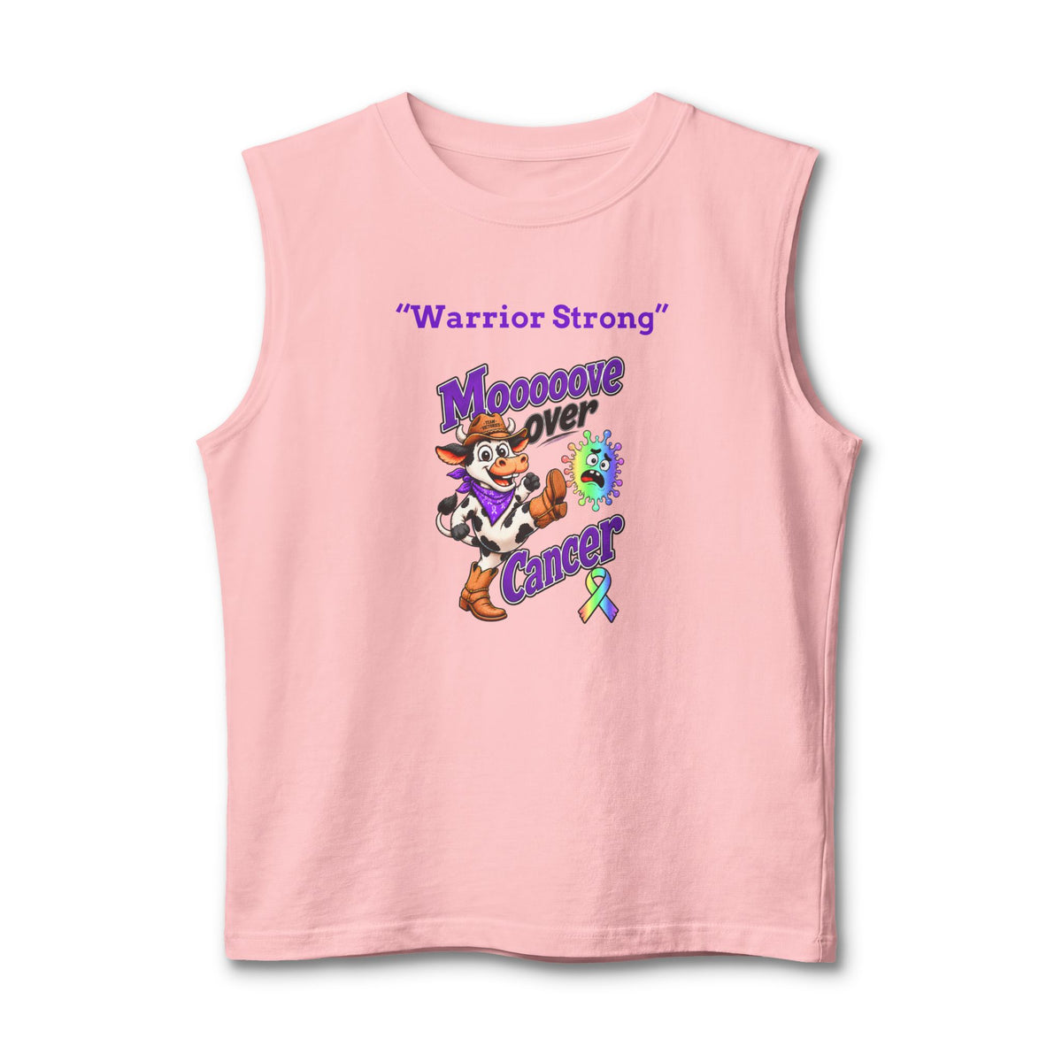 Moooove Over Cancer Warrior Strong tank top in pink with all-cancer awareness ribbon