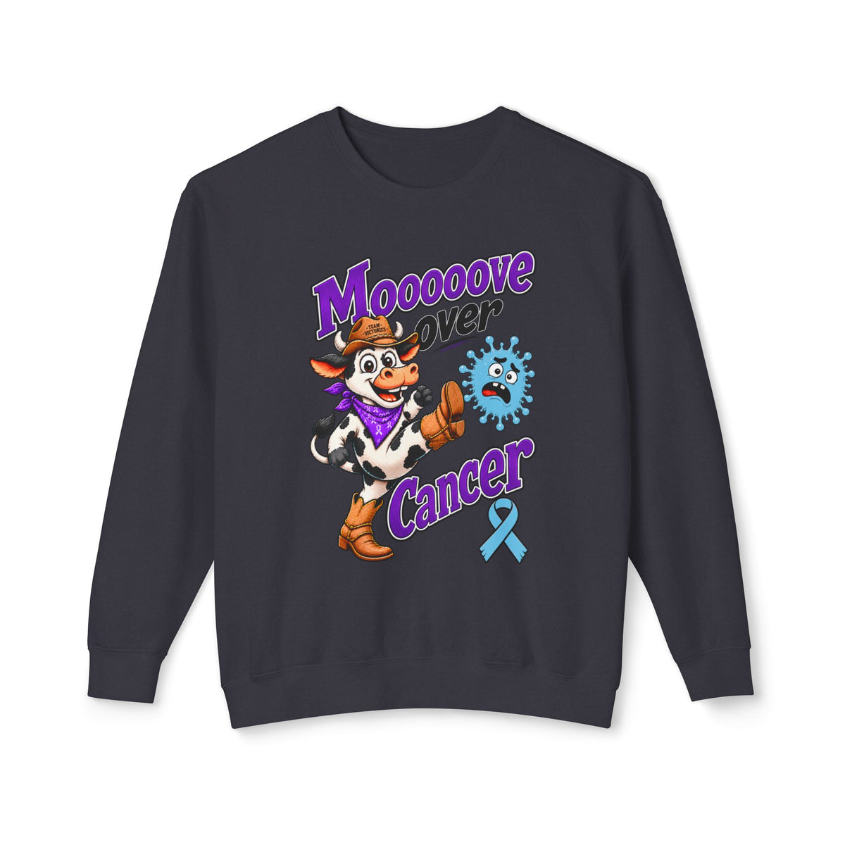 Moooove Over Cancer black sweatshirt with cow graphic and Prostate Cancer awareness ribbon