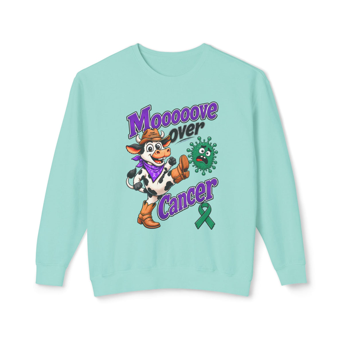 Moooove Over Cancer cow artwork and Liver Cancer awareness ribbon on an aqua sweatshirt