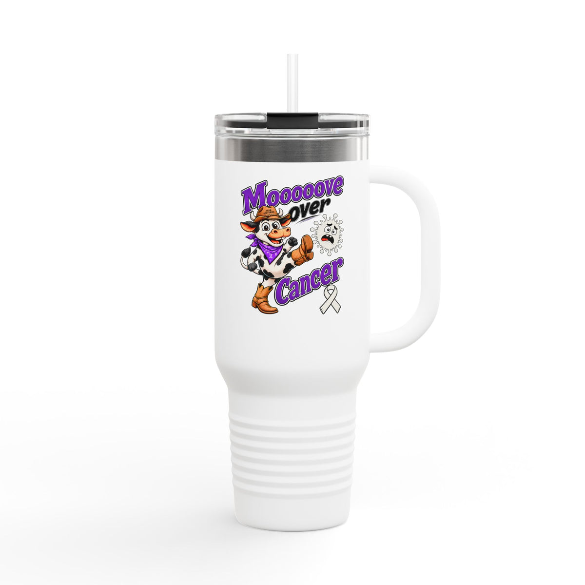 Moooove Over Cancer 40 oz travel mug with Lung Cancer awareness ribbon