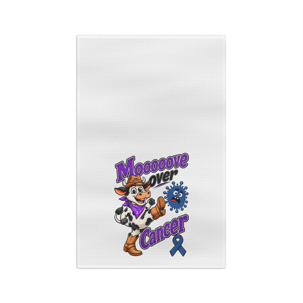Moooove Over Cancer microfiber tea towel with cowgirl artwork, purple lettering, and blue ribbon