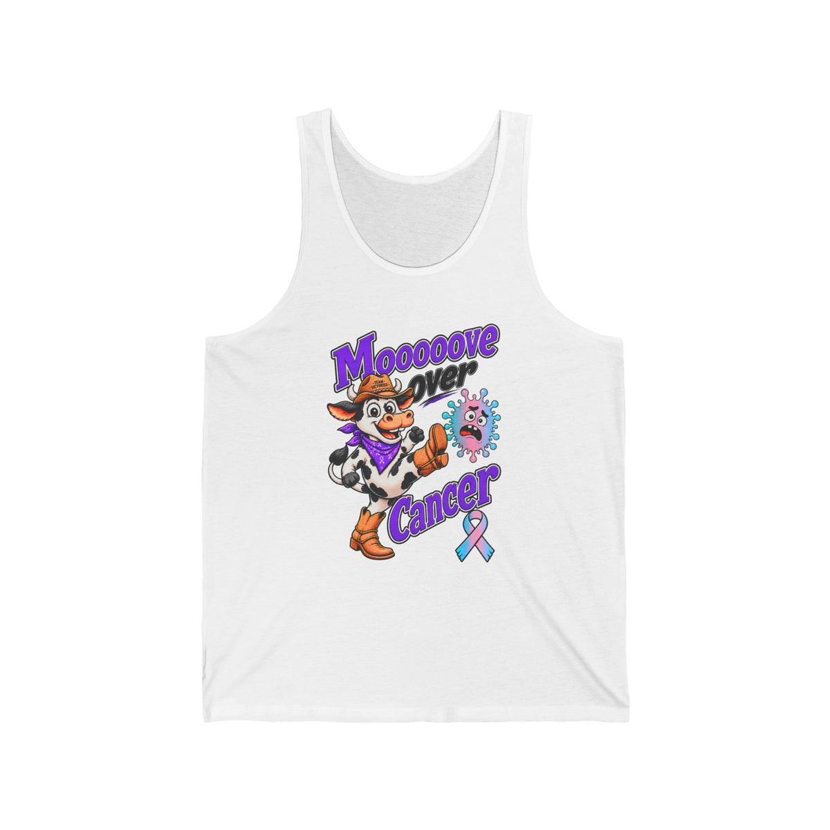 White Moooove Over Cancer tank top with cow artwork and Thyroid Cancer awareness ribbon