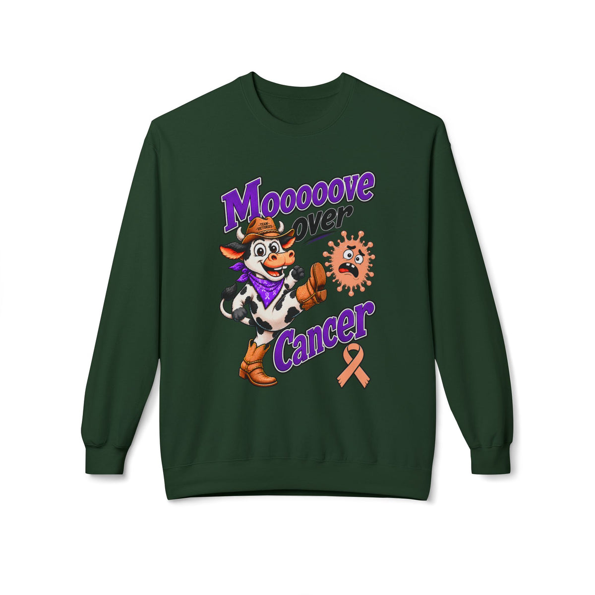 Tan Moooove Over Cancer crewneck featuring a Uterine Cancer awareness ribbon