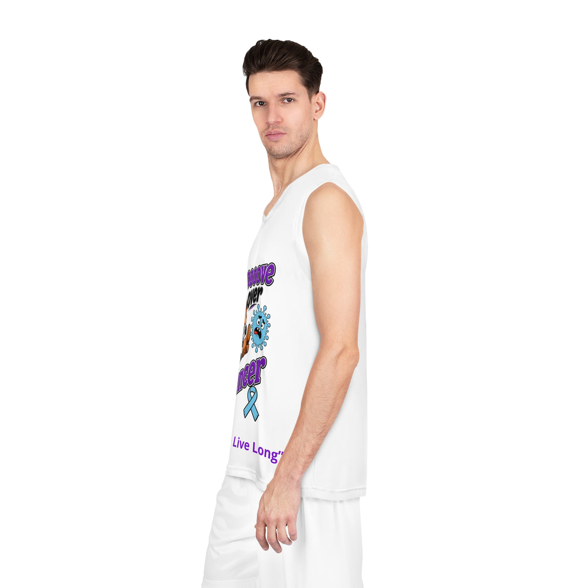 Moooove Over Cancer basketball jersey side view showing the sleeveless design and structured side seam
