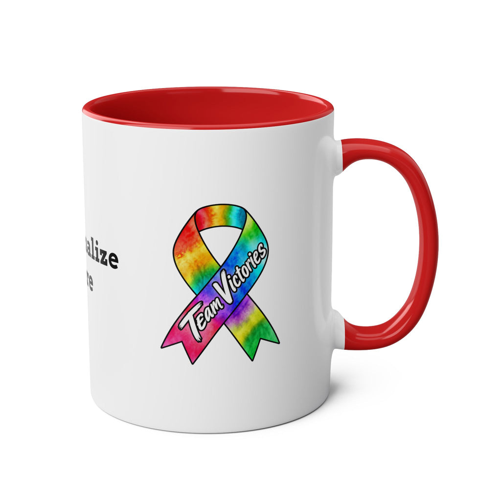 Red personalized Moooove Over Cancer mug displayed on a table in a home setting