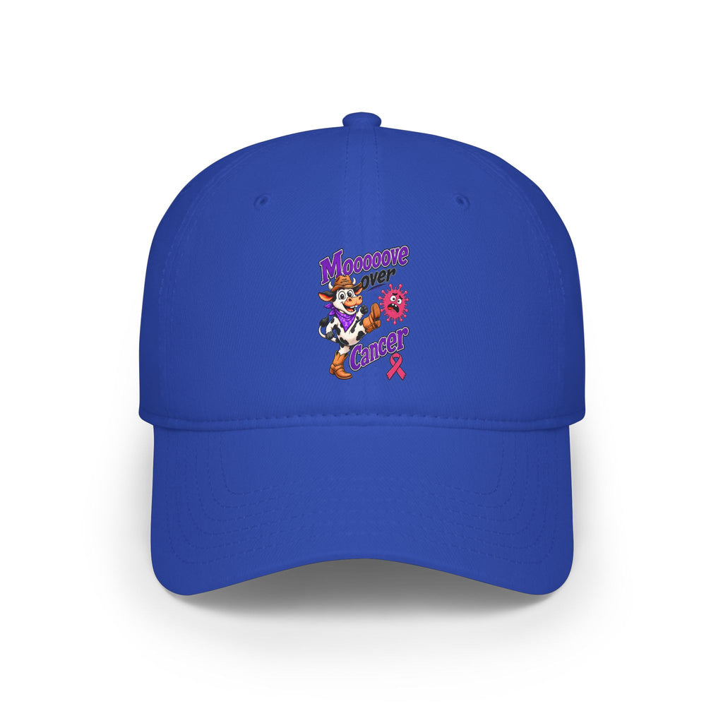 Royal blue Moooove Over Cancer low-profile baseball hat with colorful cancer-awareness artwork
