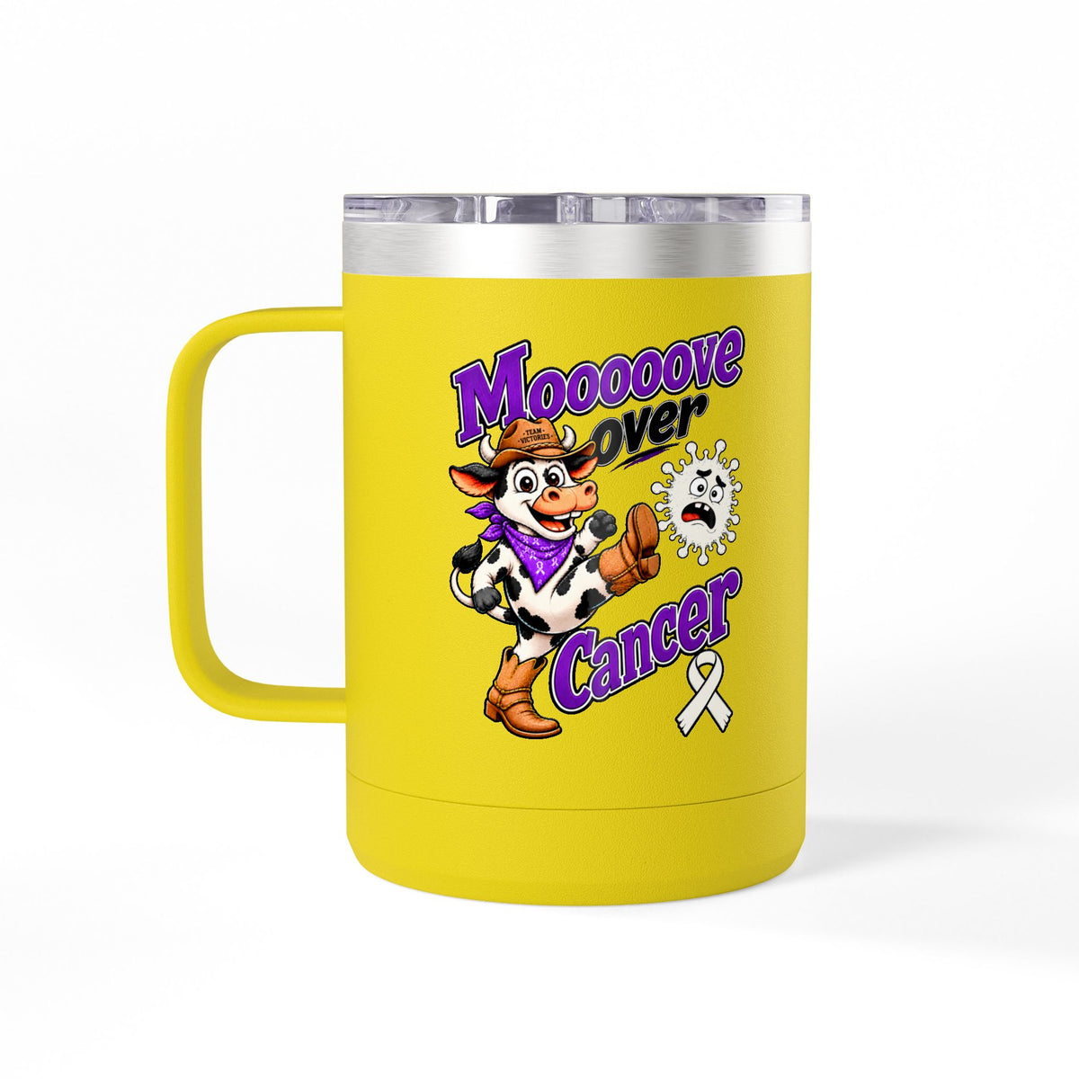 Yellow Moooove Over Cancer insulated mug with Lung Cancer awareness ribbon and cow design