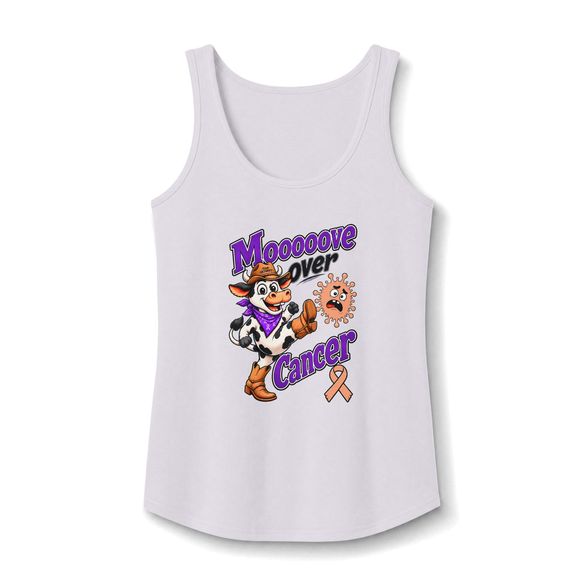 Moooove Over Cancer tank top with cow graphic and Uterine Cancer awareness ribbon on white