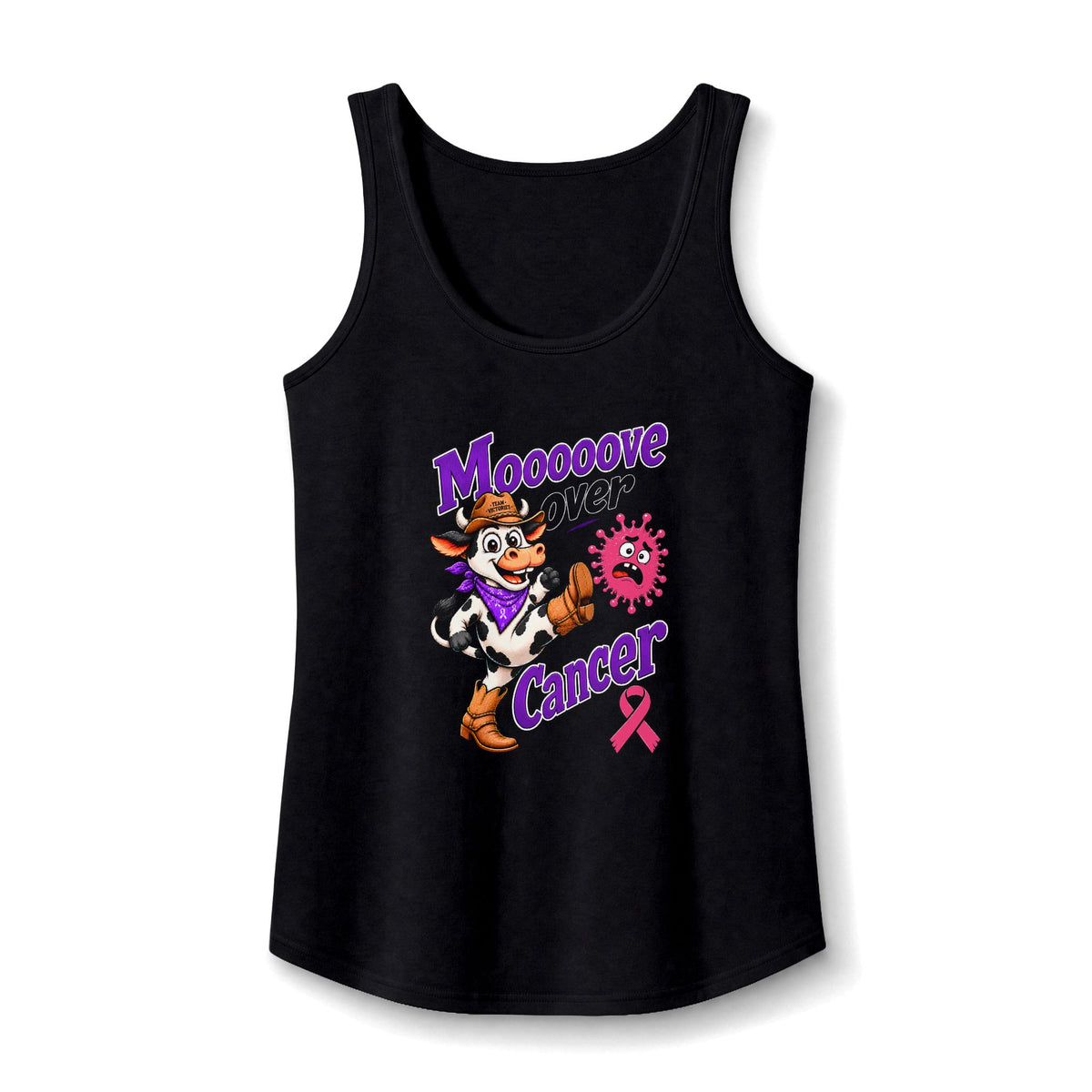 Black Moooove Over Cancer tank top featuring a Breast Cancer awareness ribbon