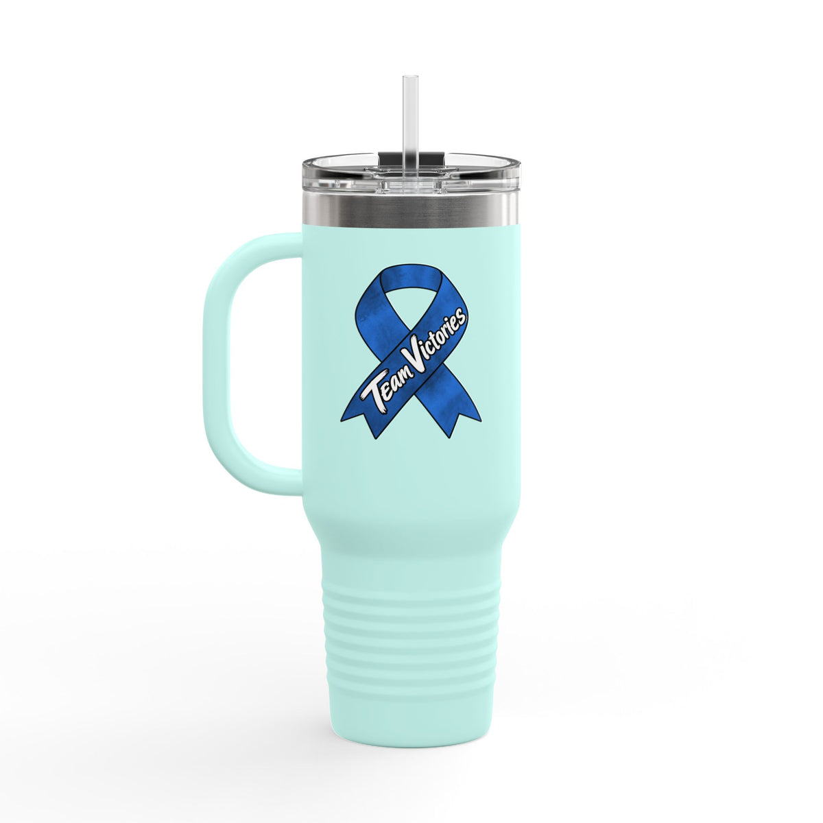Teal Team Victories travel mug with Colon Cancer awareness ribbon design