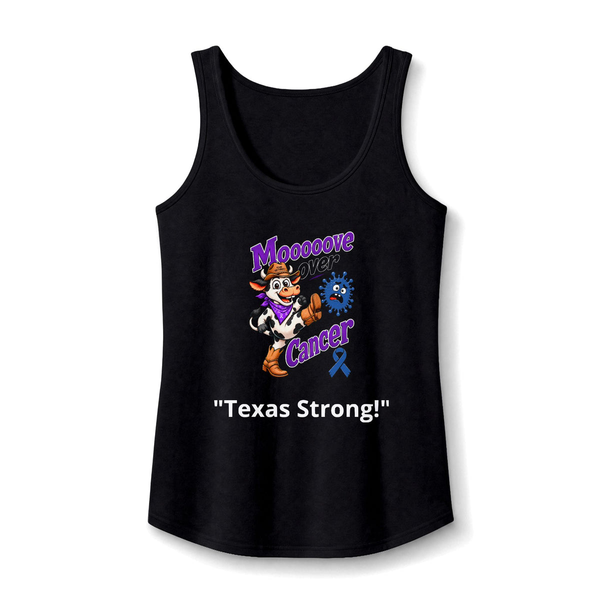 Moooove Over Cancer Texas Strong tank top with Colon Cancer awareness ribbon in black