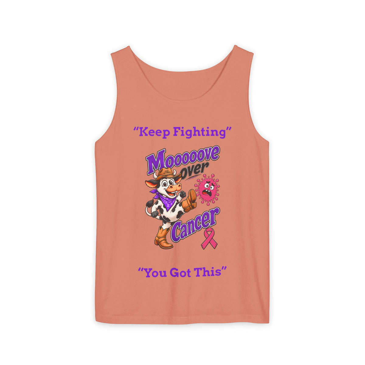 Coral Moooove Over Cancer tank top with cowgirl graphic and Breast Cancer awareness ribbon