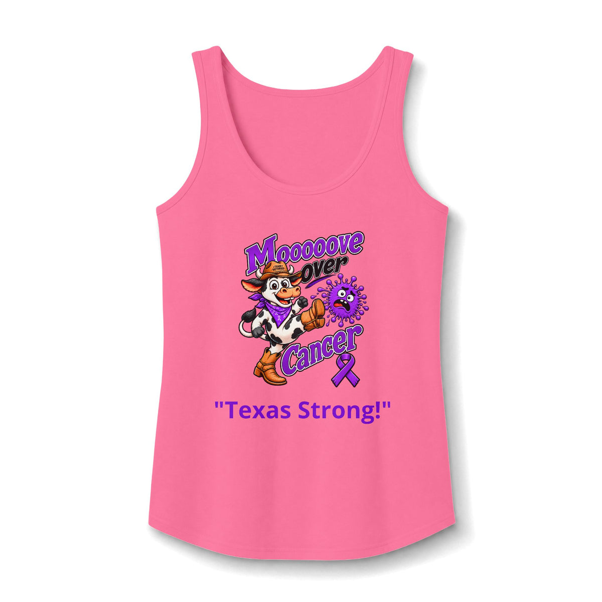 Pink Moooove Over Cancer Texas Strong tank top with Pancreatic Cancer awareness ribbon