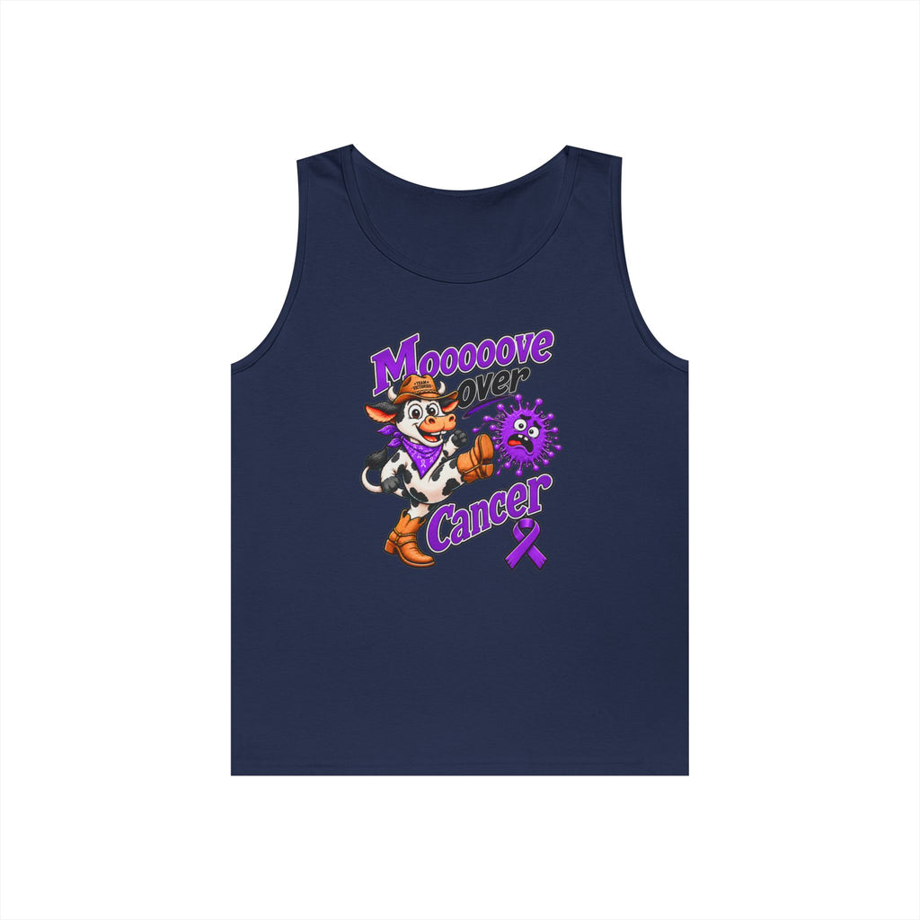 Moooove Over Cancer navy tank top with Pancreatic Cancer awareness ribbon artwork