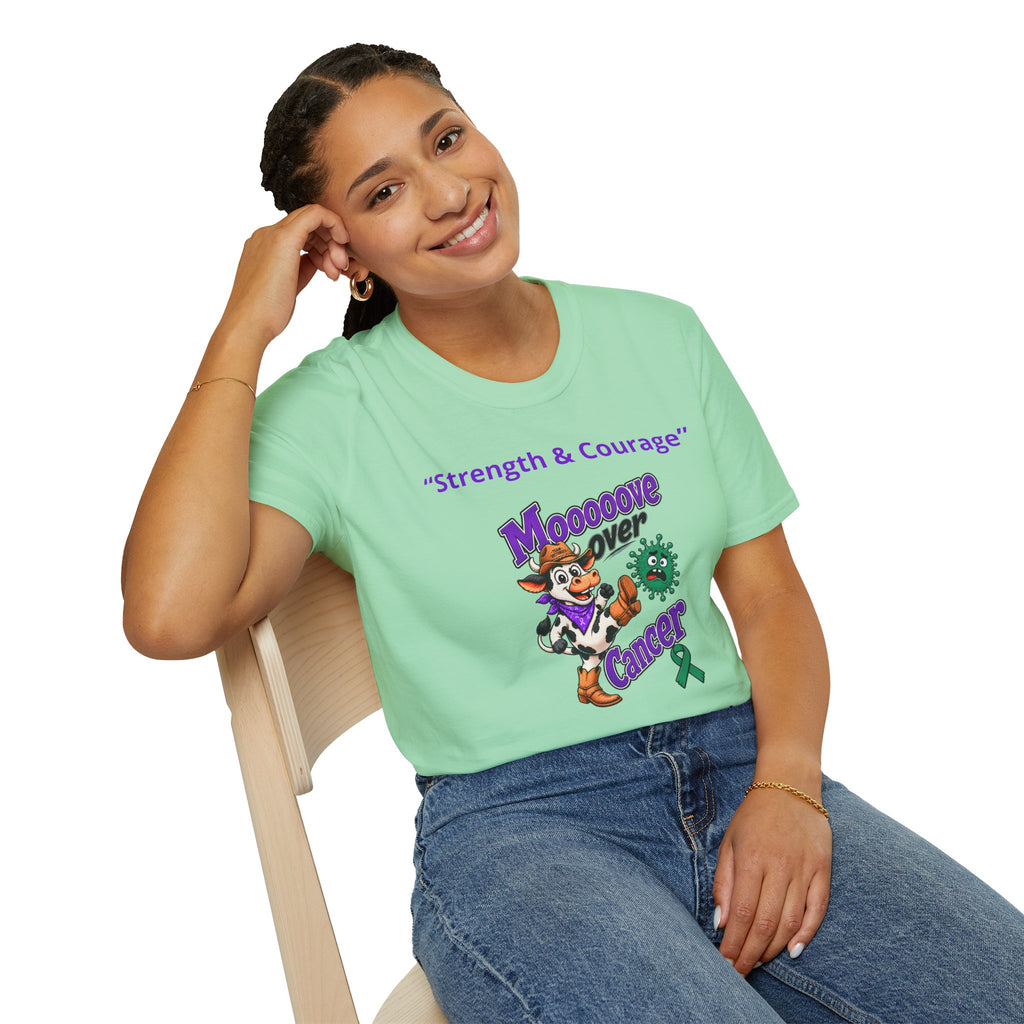 Woman seated in a light blue Moooove Over Cancer T-shirt with Liver Cancer awareness ribbon