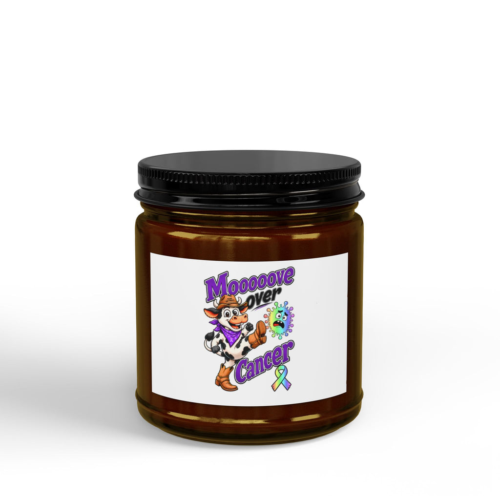 Moooove Over Cancer soy candle in an amber glass jar with a black lid