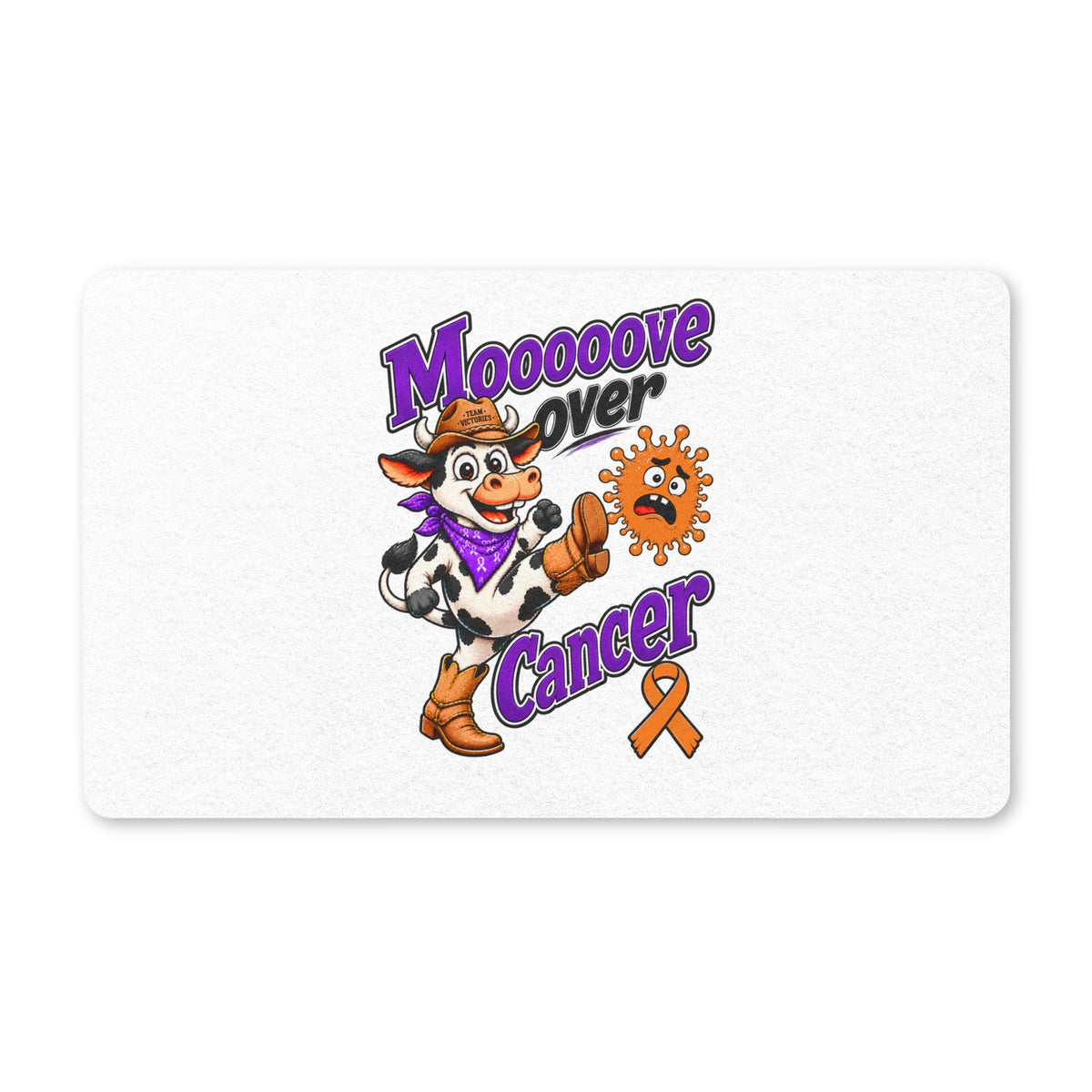 Moooove Over Cancer cow design with orange awareness ribbon on a polyester entry doormat