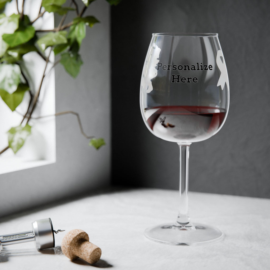 Personalized Moooove Over Cancer wine glass filled with red wine