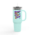 Moooove Over Cancer 40 oz travel mug with Prostate Cancer awareness ribbon, light blue finish