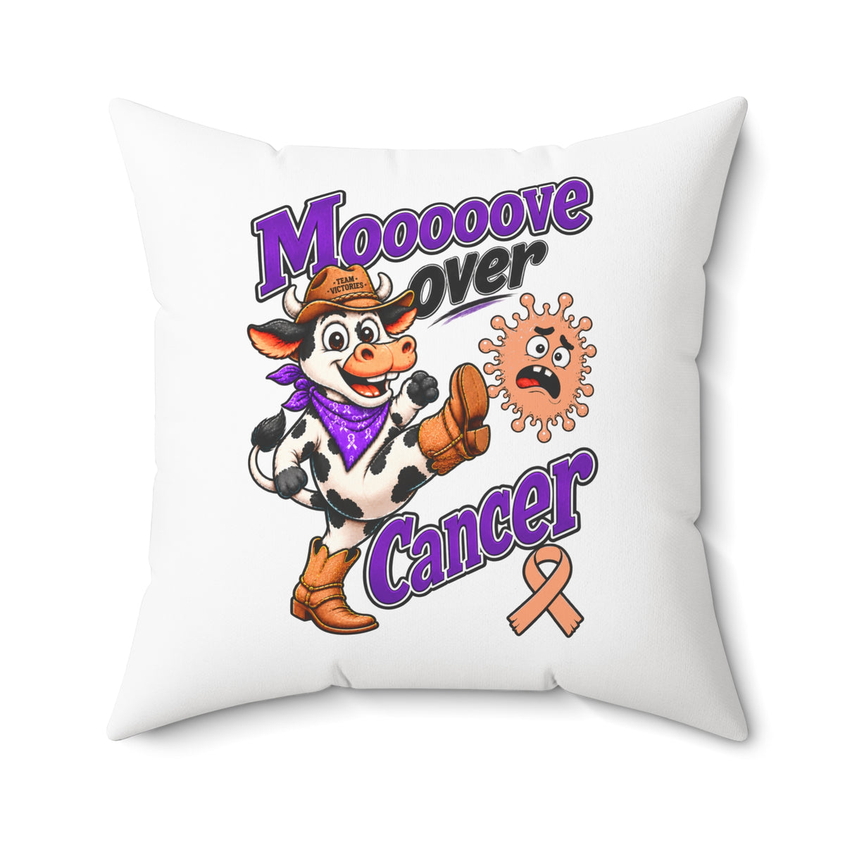 Detailed Moooove Over Cancer pillow design with cow and peach Uterine Cancer awareness ribbon