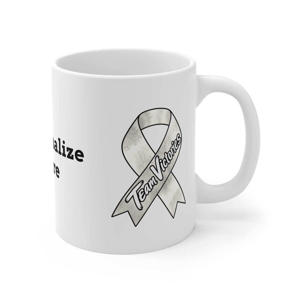 Moooove Over Cancer mug showing Team Victories on a Lung Cancer awareness ribbon