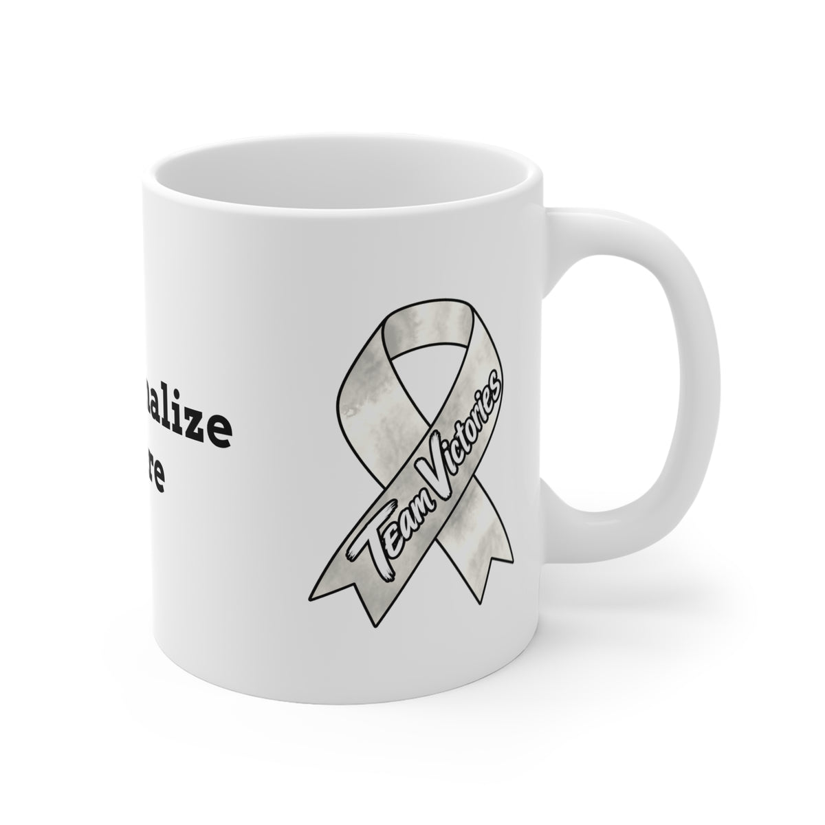 Moooove Over Cancer mug showing Team Victories on a Lung Cancer awareness ribbon