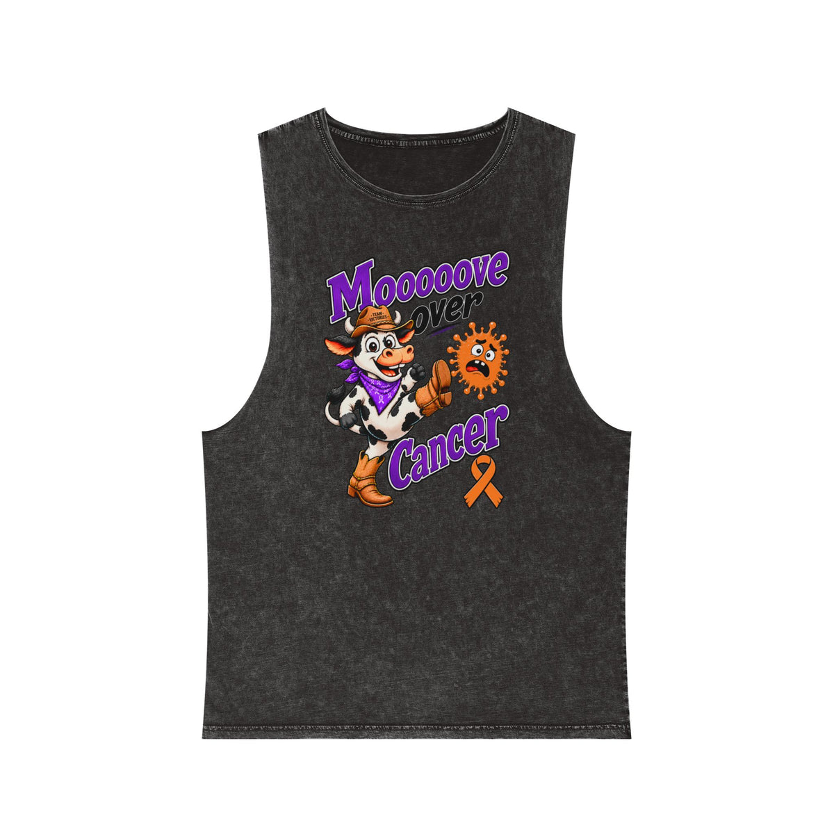 Moooove Over Cancer tank top with cow graphic and Leukemia/Kidney Cancer awareness ribbon, black front