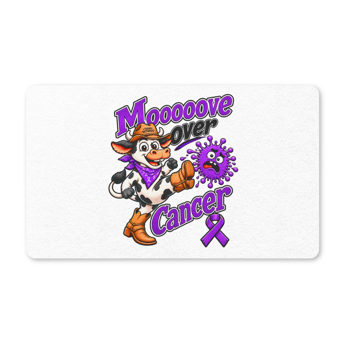 Moooove Over Cancer cow design on a polyester doormat with a purple awareness ribbon