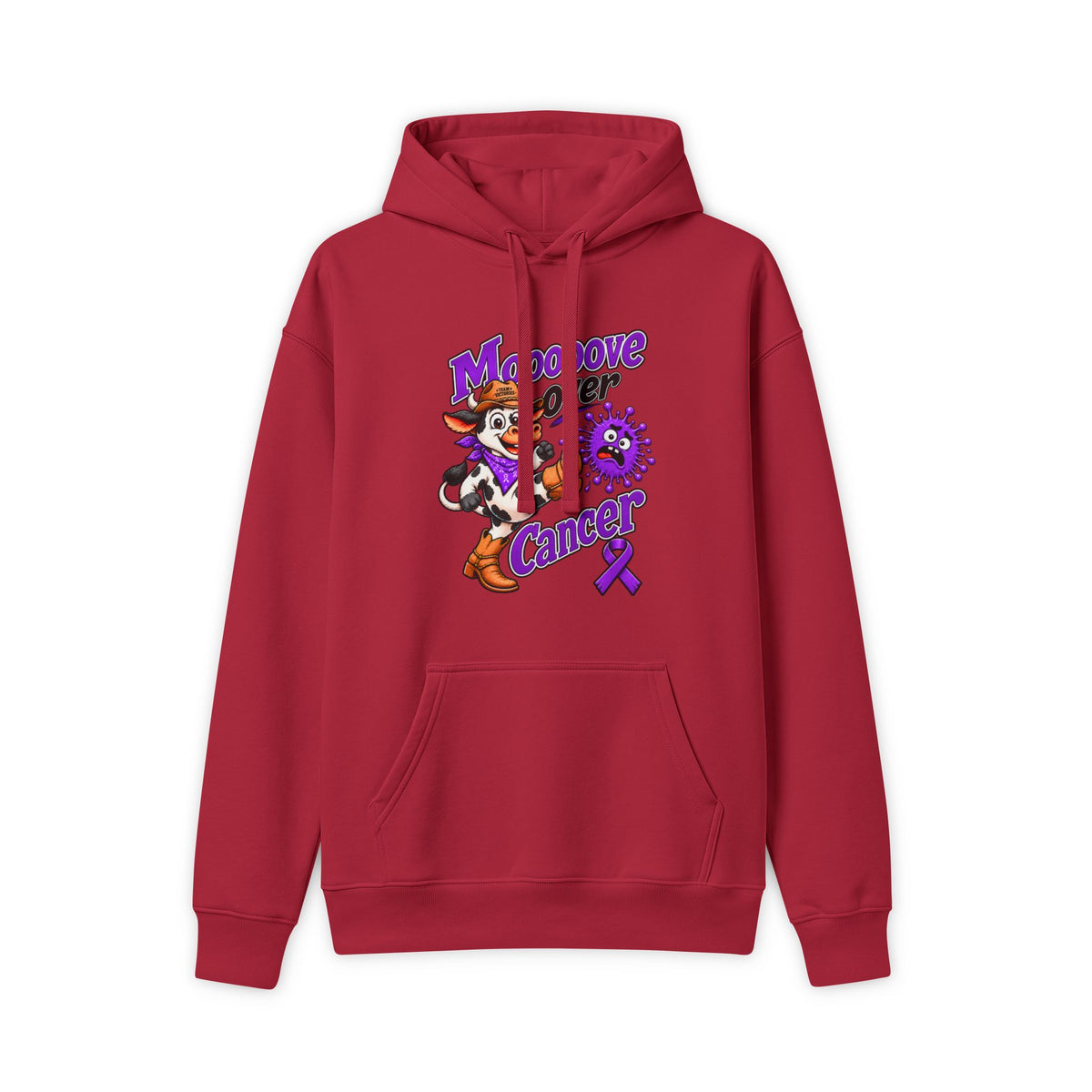 Moooove Over Cancer hoodie with Pancreatic Cancer awareness ribbon, front view in red