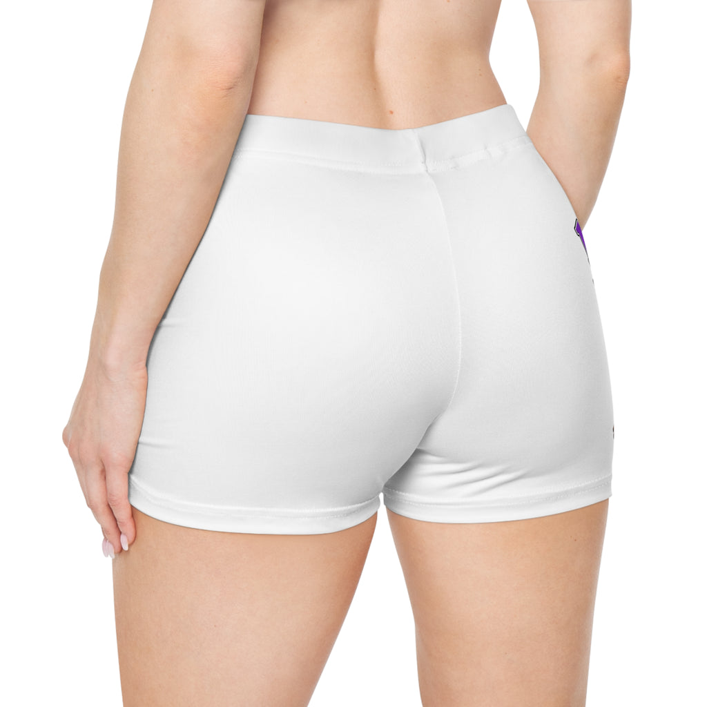 Back view of fitted white Moooove Over Cancer women's athletic shorts