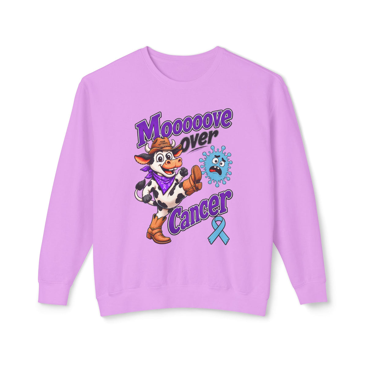 Moooove Over Cancer purple sweatshirt with cow graphic and Prostate Cancer awareness ribbon