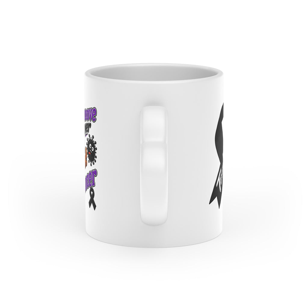 Side view of the Moooove Over Cancer personalized ceramic mug with heart-shaped handle