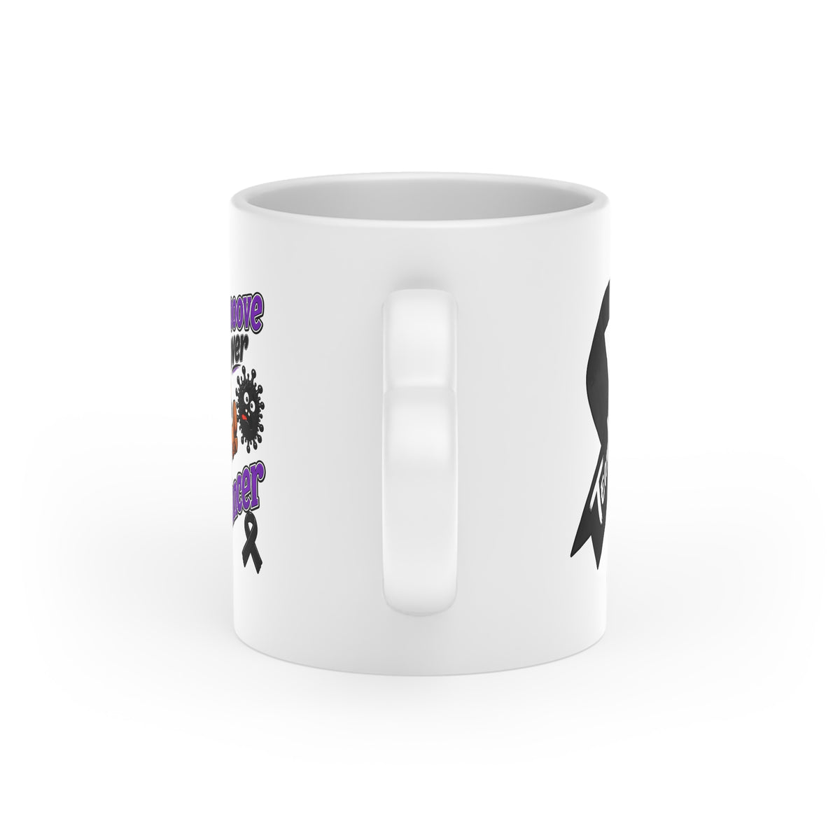 Side view of the Moooove Over Cancer personalized ceramic mug with heart-shaped handle