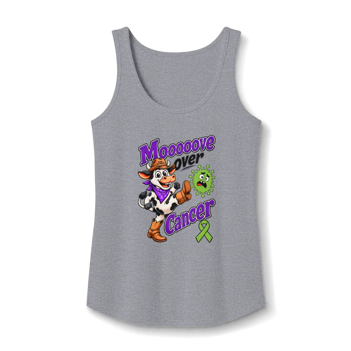Moooove Over Cancer tank top in heather gray with cow graphic and lime Non-Hodgkin/Lymphoma Cancer awareness ribbon
