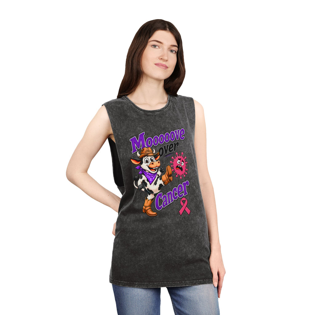 Woman wearing a Moooove Over Cancer stonewashed tank top with Breast Cancer awareness artwork
