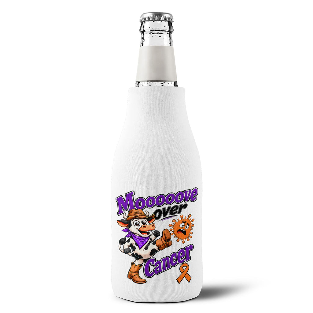 Moooove Over Cancer bottle sleeve fitted around a glass bottle