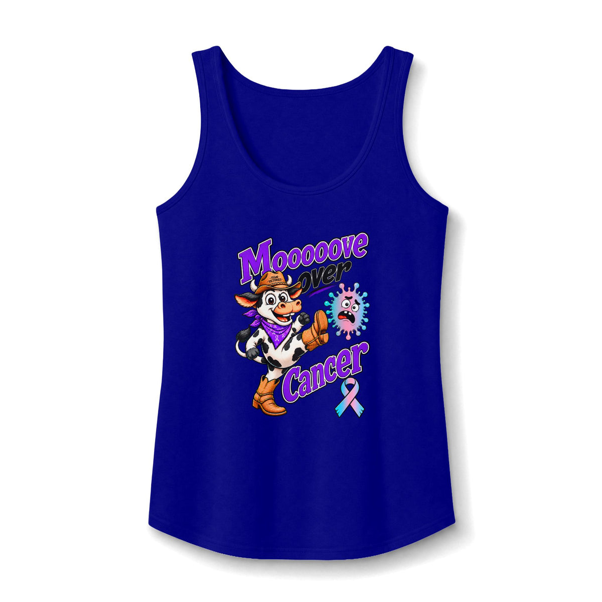 Moooove Over Cancer tank top in blue with a Thyroid Cancer awareness ribbon design