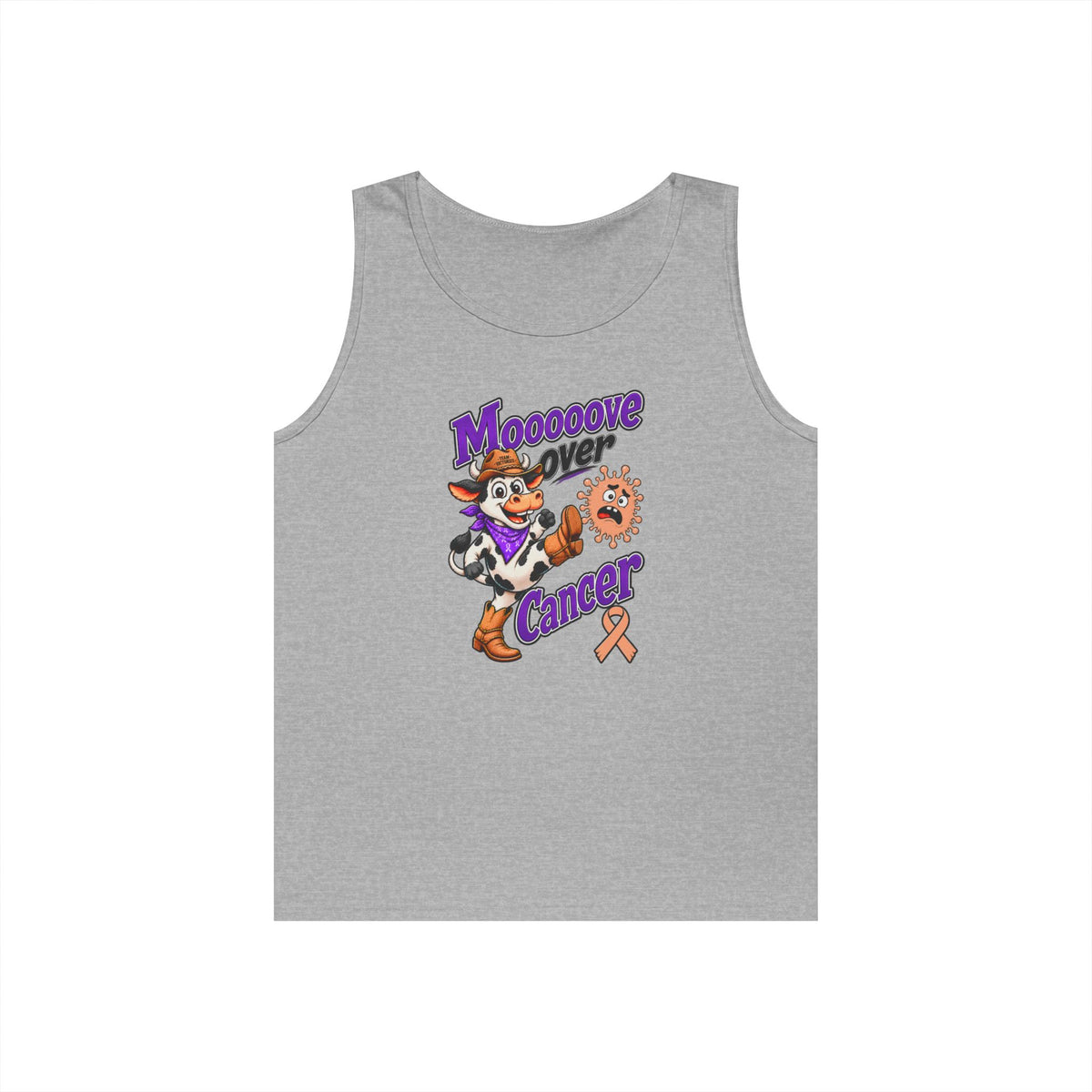 Gray Moooove Over Cancer tank top with cow artwork and Uterine Cancer awareness ribbon