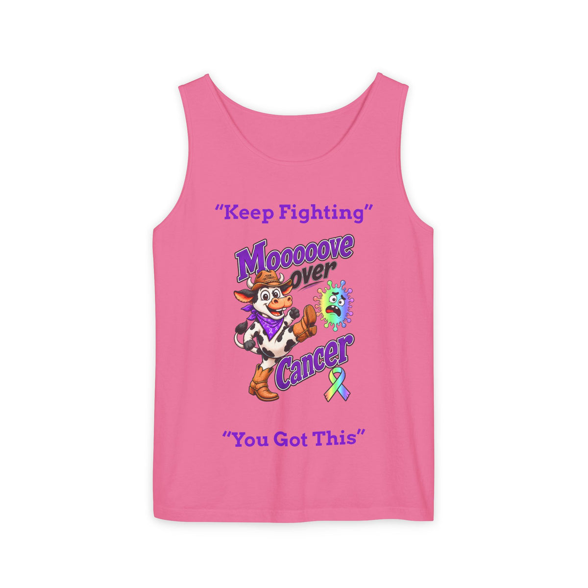 Woman modeling a white Moooove Over Cancer tank top with all-cancer awareness ribbon artwork