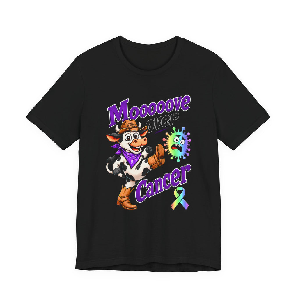 Moooove Over Cancer colorful cow graphic on a black crew-neck T-shirt