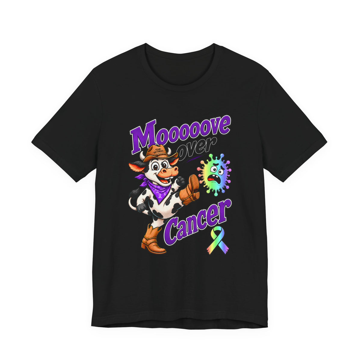 Moooove Over Cancer colorful cow graphic on a black crew-neck T-shirt